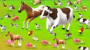Giant Horse and Cow Race in Farm Diorama Hen Rabbit - 3D Farm Animals Cartoons Comedy Videos